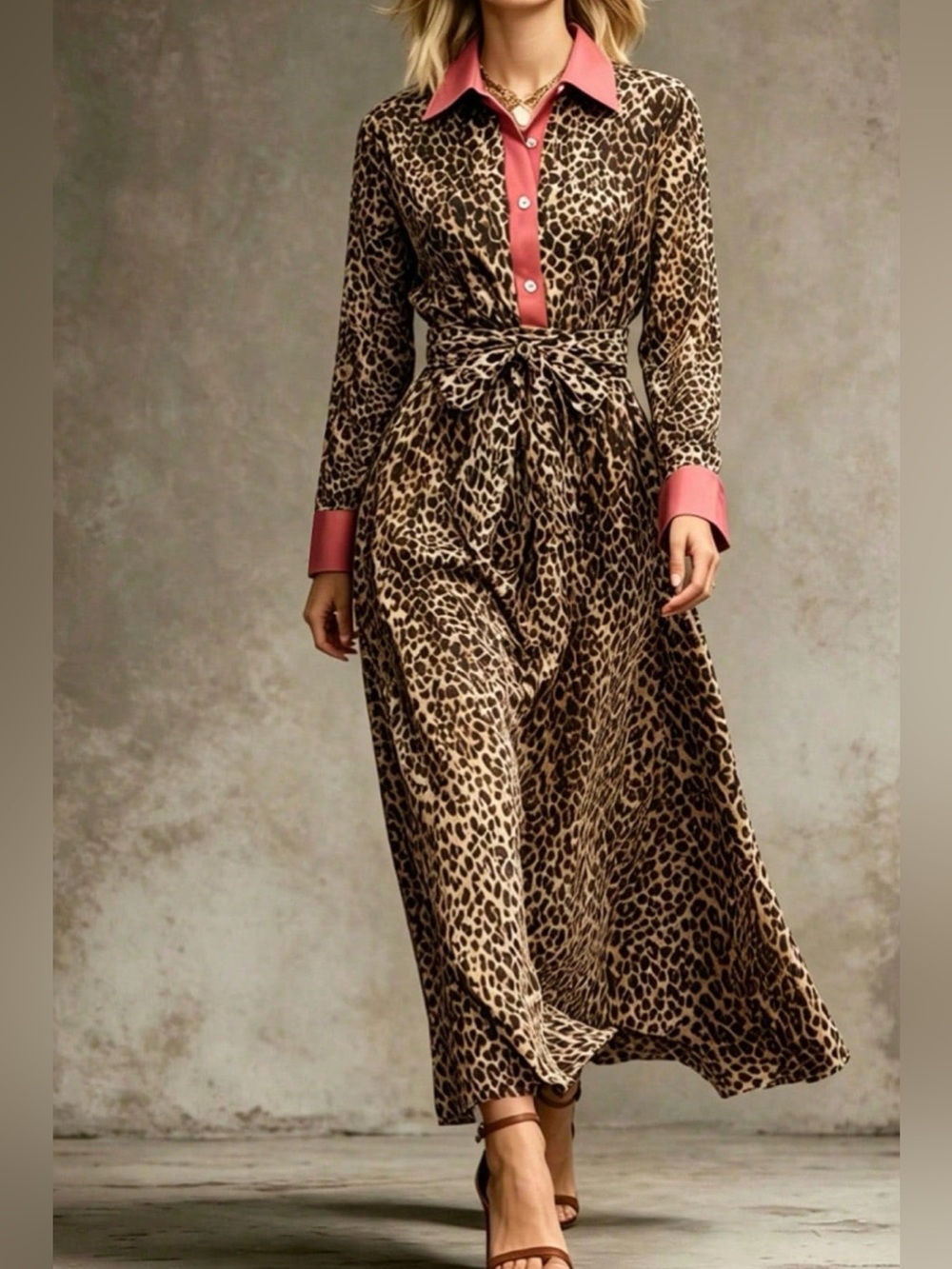 Leopard Print Belted Maxi Shirt Dress